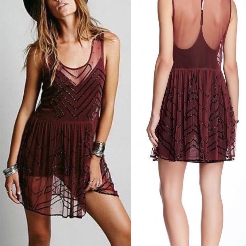 Free People Sheer Mesh Beaded Mini Embellished Slip Dress